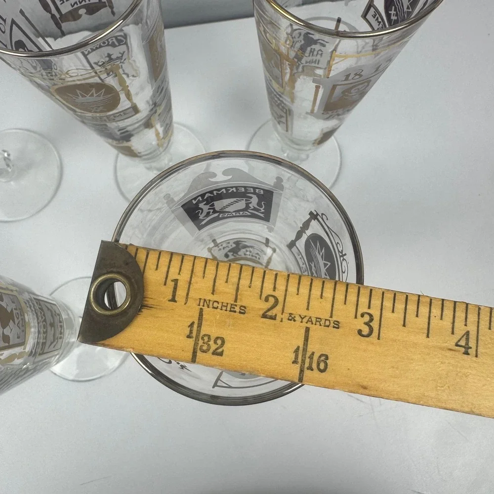 Vtg 1960s Libbey Heraldic Pub Pilsner Glasses Set 5 MCM Footed Colonial Tavern